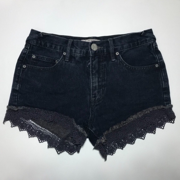 Free People Black Denim Cutoff Lace Short 24 - Picture 2 of 7